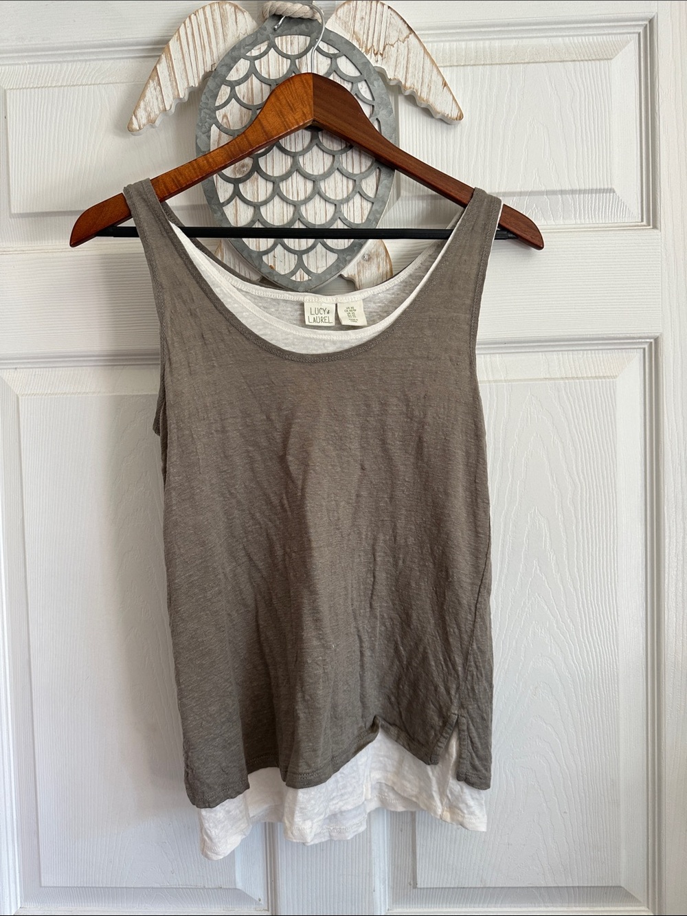 Lucy & Laurel Two-Tone Layered Tank Top in Taupe and White linen